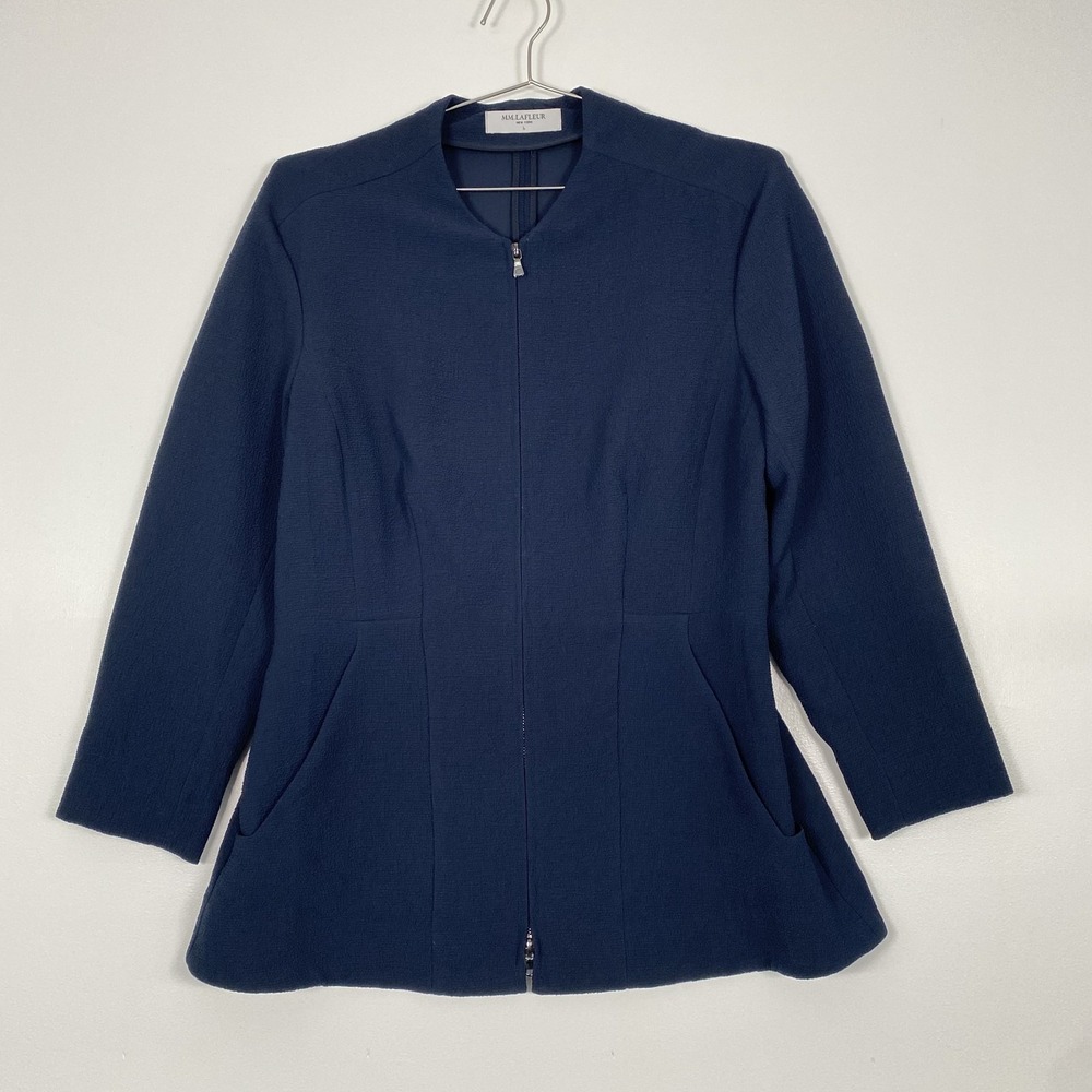 MM.LaFleur Jacket Womens Large Blue Crepe Full Zip Mid Length Pockets Workwear
